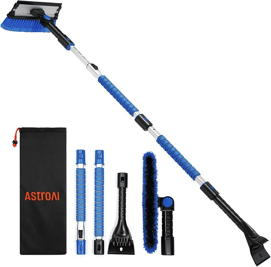 AstroAI 62.4" Ice Scrapers for Car Windshield, 3 in 1 Sturdy Snow Brush with Squeegee, 10 Adjustable Length Settings, Extendable Aluminum Handle, 180° Pivoting Snow Brush for Car, Truck, SUV(Blue)