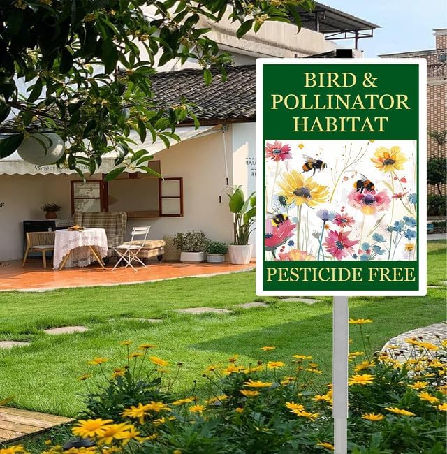 Bird and Pollinator Habitat Pesticide Free Yard Sign With Stakes 7x9.8 inches Rustproof Reflective Aluminum Pollinator Friendly Garden Sign Stand Bee Outdoor Decor