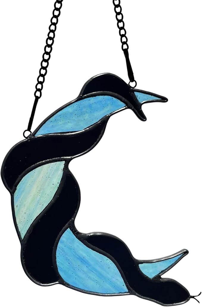Stained Glass Black Snake on Moon Decor Window Hangings Ornament, Gothic Snake Suncatcher Halloween Decorations, Handmade Stained Glass Gifts Sun Catchers Indoor Window Home Decor.
