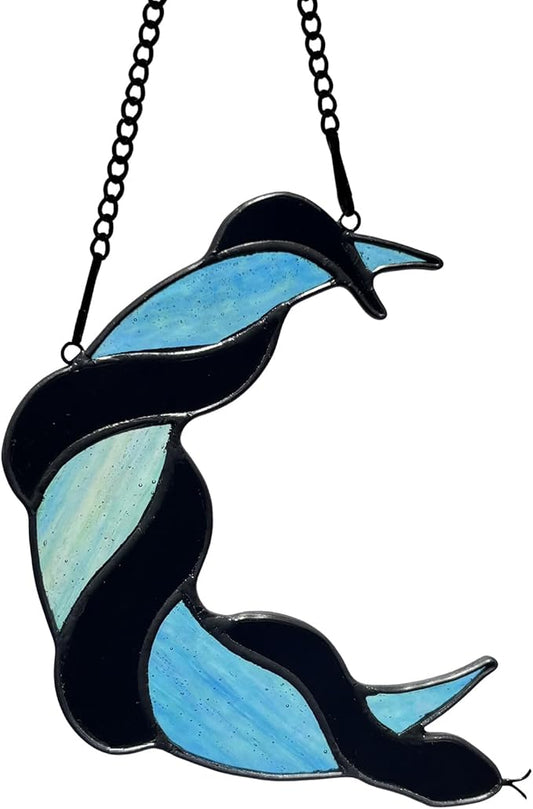 Stained Glass Black Snake on Moon Decor Window Hangings Ornament, Gothic Snake Suncatcher Halloween Decorations, Handmade Stained Glass Gifts Sun Catchers Indoor Window Home Decor.