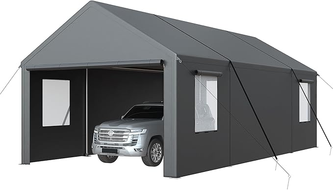 13x25 Ft Carport, Car Ports with 180g PE Tarp, Side-Opening Door & Roll-Up Windows, Carport Canopy, Portable Garage for Car, Truck, Boat, and SUVs,Motorcycle