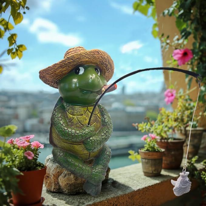 Tortoise Fishing Statue Garden Decor，9.8" Weatherproof Resin Tortoise Fishing Sculpture Decor for Fish Ponds, Koi Ponds, Waterfalls, Poolside Outdoor Gardens Resin Figurine for Indoor Outdoor Décor