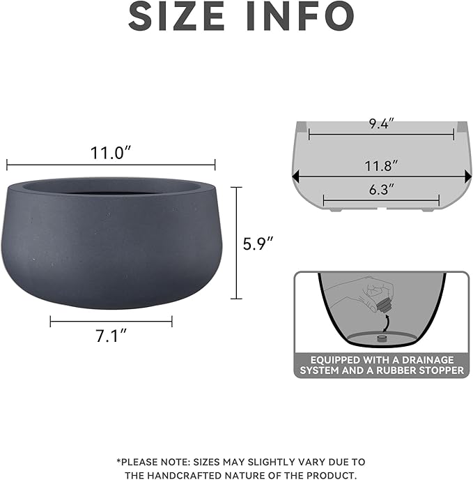 Kante 11.8" Dia Round Concrete Planter, Cement Plant Pots with Drainage Hole and Rubber Plug for Outdoor Indoor Garden Home, Modern Curvaceous Design, Dark Gray