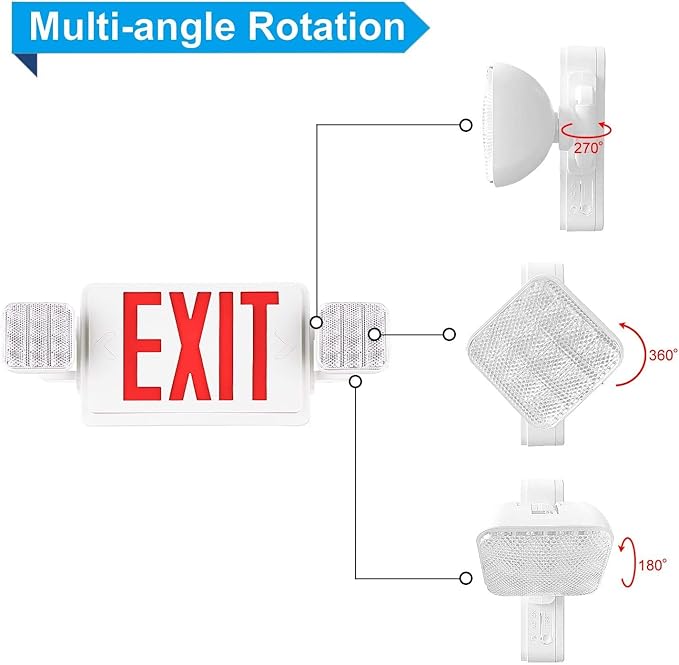 2 PACK LED Exit Sign Battery Backup with Emergency -EXIT Sign with 2 Adjustable Head Lights and Back Up Batteries- Emergency Exit Lighting, UL 924,120-277 VAC.