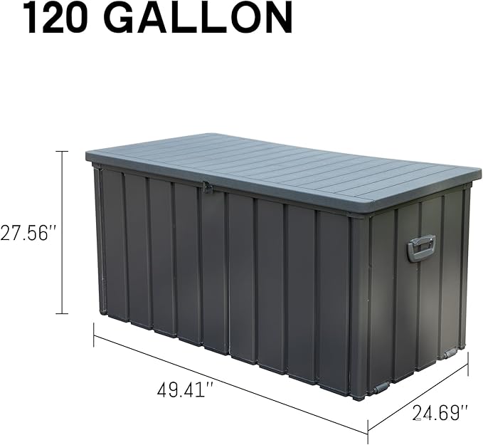120 Gallon Outdoor Storage Deck Box Waterproof, Large Patio Storage Bin for Outside Cushions, Throw Pillows, Garden Tools, Lockable (Dark Gray Resin Lid)