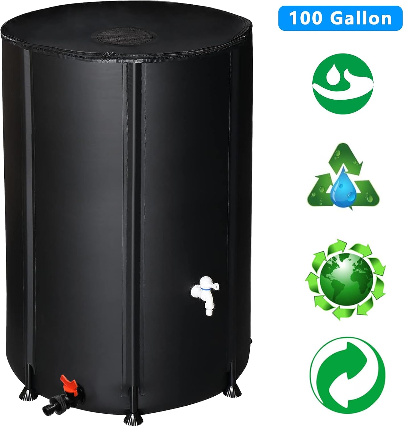 100 Gallon Collapsible Rain Barrel, Portable Rainwater Collection System, Rain Catcher Barrel, Water Storage Tank with Two Spigots and Overflow Kit, Rain Water Barrel Collector for Garden, Black