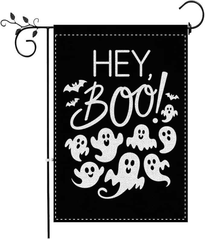 Fokongna Interesting Halloween Ghost Garden Flag, Halloween bat Ghost Hey Boo Garden Flag, 12x18 Inch Burlap Vertical Double Sided Flags, for Home Yard Outside Decorations