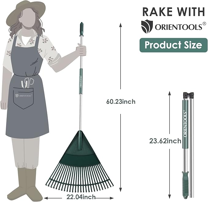 ORIENTOOLS Garden Leaf Rake, Garden Rakes for Lawns Leaves with 65.7" Foldable Handle Rake, 26 Strong Tines Plastic Head Shrub Rake, Yard Garden Rake for Lawns, Grass, Flower Beds Leaves Cleaning