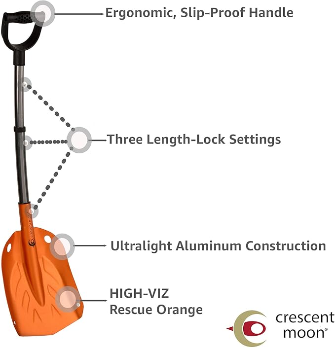 Crescent Moon Compact Collapsible Shovel: Lightweight Portable Tool for Camping, Emergencies, Cars, Backcountry Adventures, ATVs & Snowmobiles – Essential Small Emergency Avalanche Shovel