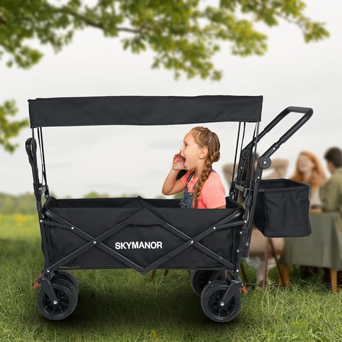 SKYMANOR Collapsible Wagon with Removable Canopy, 3-in-1 Heavy Duty Garden Cart with Big All-Terrain Wheels, Brakes, Adjustable Push Pull Handle, Cooler Bag, 300LBS Wagon Cart for Camping (Black)