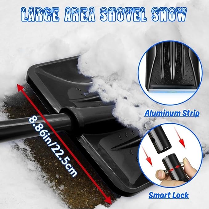 Snow Shovel for Car & Driveway, Upgraded 42.5" Lightweight Aluminum Alloy Shovel, Portable Foldable Snow Shovel for Emergency, Garden, Snow Removal, Heavy Duty Ice Shovel with Ergonomic Handle (Black)