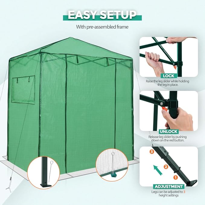 EAGLE PEAK Instant Pop-up Greenhouse, Indoor Outdoor Plant Gardening Green House, Roll-Up Zipper Doors and Side Windows, Walk in 6x4 ft, PE Cover, Green/Clear