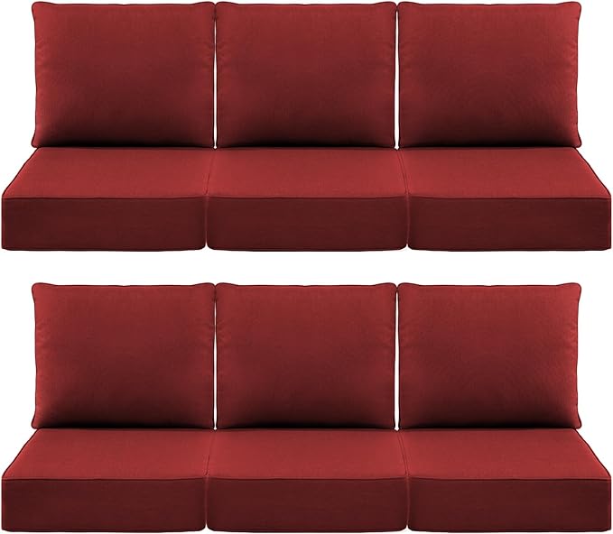 Luxury 6" Outdoor Cushions for Patio Furniture, 24x24x6 Thick Seat Cushion Set of 6, Fade Resistant Couch Chair Replacement Cushions High Density Deep Wicker Chair Cushion w/Removable Cover, Red