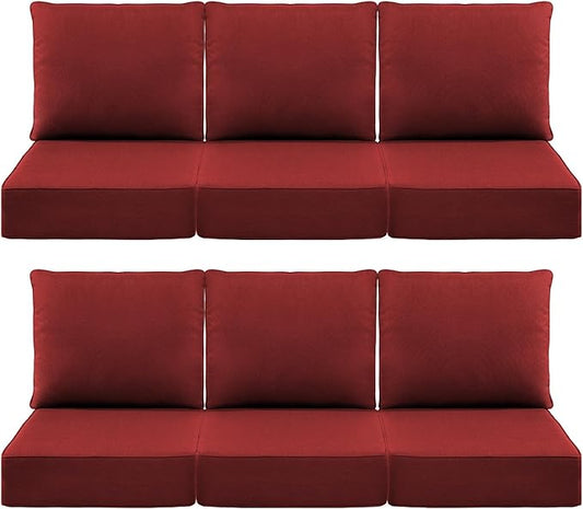 Luxury 6" Outdoor Cushions for Patio Furniture, 24x24x6 Thick Seat Cushion Set of 6, Fade Resistant Couch Chair Replacement Cushions High Density Deep Wicker Chair Cushion w/Removable Cover, Red