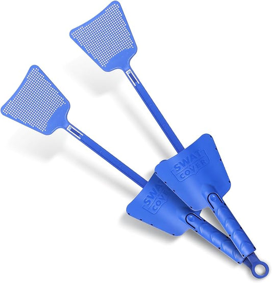 Improved Fly and Bug Swatter w/Integrated Cover, Flexible Bug Smasher for Flies and Bugs Swatting, Surface-Friendly Design, Adjustable Racket Handle - Fly Swatter for Indoors (Pack of 2)