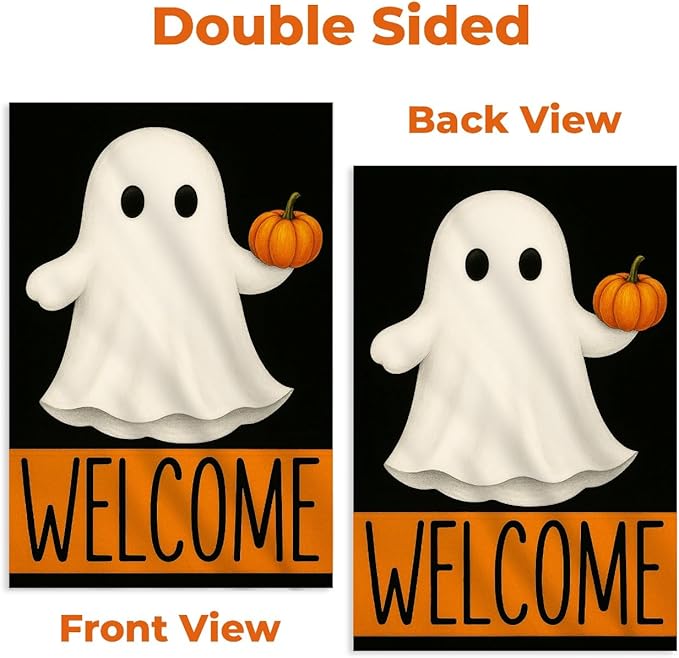 Welcome Halloween Garden Flag 12x18 – Double Sided Burlap Yard Flag for Outside with Ghost & Pumpkin – Weatherproof Fall Outdoor Decor
