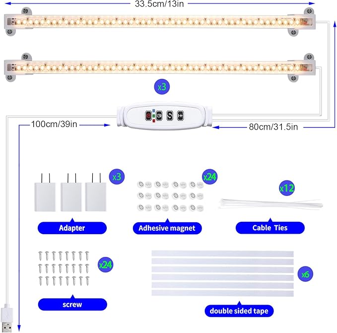 13 Inches Strip Growing Lamp for Indoor Plants, 3500K Full Spectrum LED Grow Light Strips with Auto ON/Off, 3/9/12H Timer & 10 Dimmable Levels for Green House Succulent (2 Head×3 Pack)