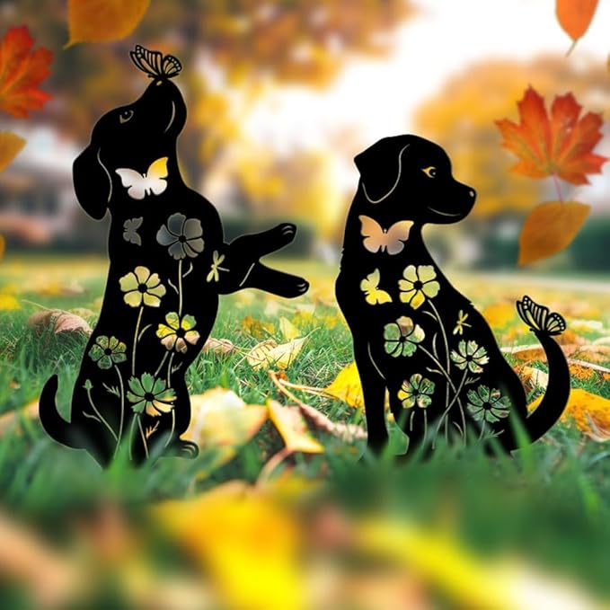 Dog Garden Decor for Outside, 17" Puppy Metal Decorative Garden Stakes, Rust Proof & Weather-Resistant Yard Art Gifts for Dog Lovers, Black Labrador Silhouette Yard Decorations Outdoor Décor