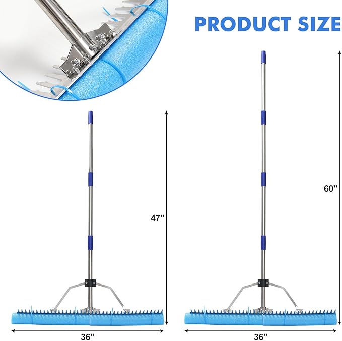 Landscape Rake, 60 Inch Adjustable Lightweight Pond Rake 36" Width Aluminum for Removing Weeds, Leaves, Beautifying Coastlines and Beaches