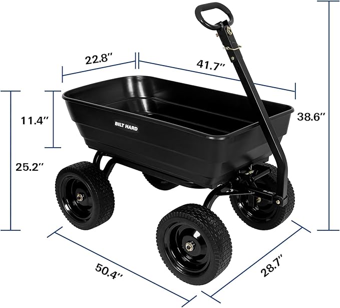 BILT HARD 1200 lbs Poly Garden Dump Cart with No Flat Tires, Quick Release, 2-in-1 Convertible Handle, 7 Cu Ft Dump Wagon Heavy Duty for Yard, Outdoor