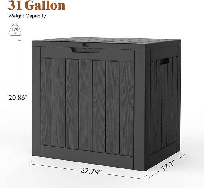 Outdoor Storage Box, 31 Gallon Waterproof Deck Box for Outdoor and Indoor, UV-Resistant Outside Storage with Lockable Lid for Patio, Pool, Garden Tools, Package Delivery, Black