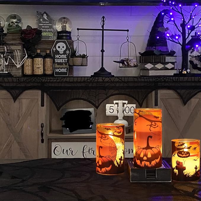 Eldnacele Halloween Flameless Candles with Remote Pumpkin, Spider Web Decal and Castle Decals Battery Operated Real Wax Flickering Glass Pillar Candle for Spooky Halloween Decor 3 Pack