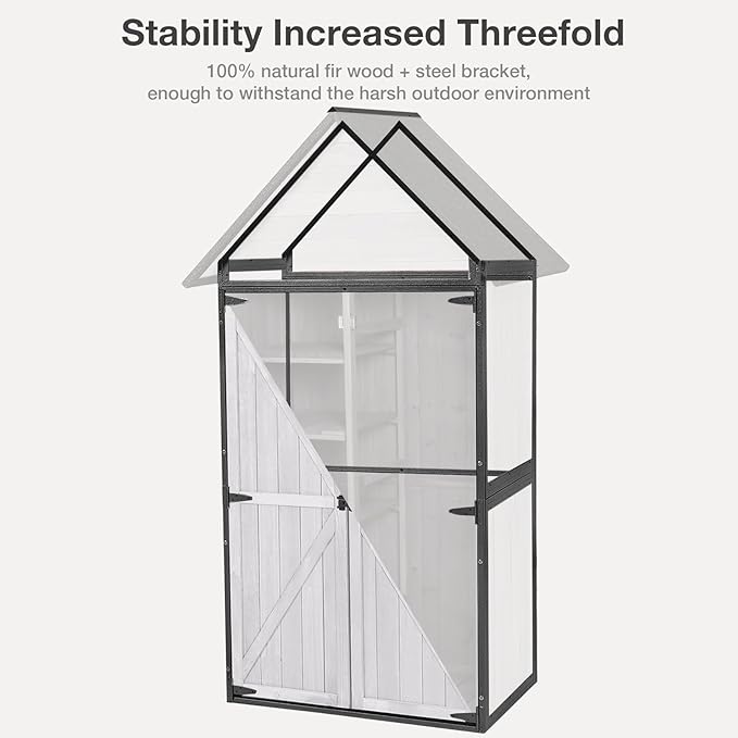 Outdoor Storage Shed with Floor and Waterproof Roof - Metal Framed Tool Cabinet with Adjustable Shelves - Double Lockable Doors for Backyard, Garden, Patio (Off-White)