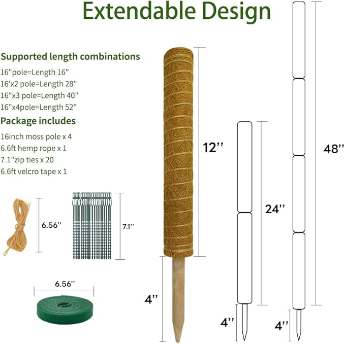 Monstera Plant Support Moss Pole: 2 Pack 16 Inch Stackable Coco Coir Moss Totem Stake Tall Stand Grow Stick Plants Rod Moss Holder for House Live Plant,Indoor Climbing Potted,Vine,Pothos,Philodendron
