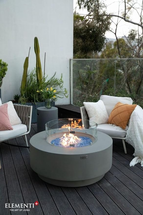 Elementi+ | Bundle Colosseo Gas Fire Pit Cast Concrete 40" Dia. Round Fire Table, Outdoor Fire Pit Electronic Ignition | Canvas Cover, Fire Glass and Burner Lid Included | Light Gray | Propane Gas