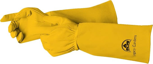 Leather Gardening Gloves for Women & Men, Long Garden Gloves, Cowhide Gauntlet Rose Pruning Thorn Resistant, Forearm Protection, Small, Yellow