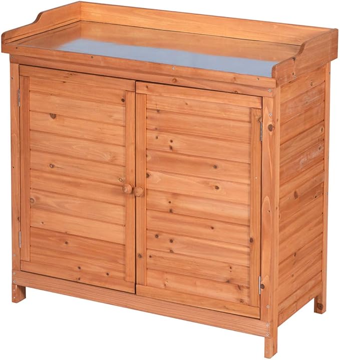 Outdoor Garden Patio Wooden Storage Cabinet Furniture Waterproof Tool Shed with Potting Benches Outdoor Work Station Table (Natural)