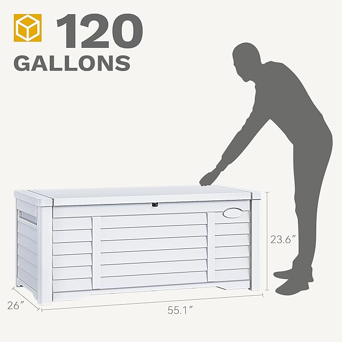 DWVO Large Deck Box 120 Gallon Waterproof Outdoor Storage Box, Extra Large Outdoor Bin, Resin Louvered Patio Storage for Indoor Pillows, Garden Tools & Pool Supplies, Lockable, White