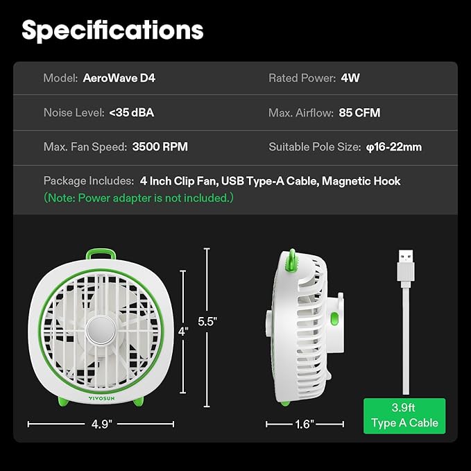 VIVOSUN AeroWave D4, 4” Grow Tent Clip Fan with Detachable Hook, 3-Speed Strong & Quiet Airflow, Adjustable Airflow Angle for Hydroponics, Circulation & Cooling, White, 1-Pack