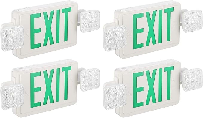 SPECTSUN 4 Packs Led Green Exit Sign with Emergency Lights, LED Emergency Exit Light with Battery Backup, UL Listed, AC 120/277V, Commercial Emergency Lights Combo for Business.