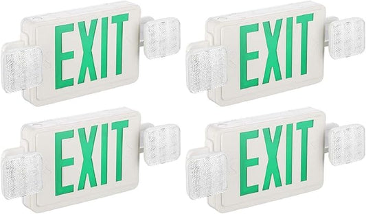 SPECTSUN 4 Packs Led Green Exit Sign with Emergency Lights, LED Emergency Exit Light with Battery Backup, UL Listed, AC 120/277V, Commercial Emergency Lights Combo for Business.