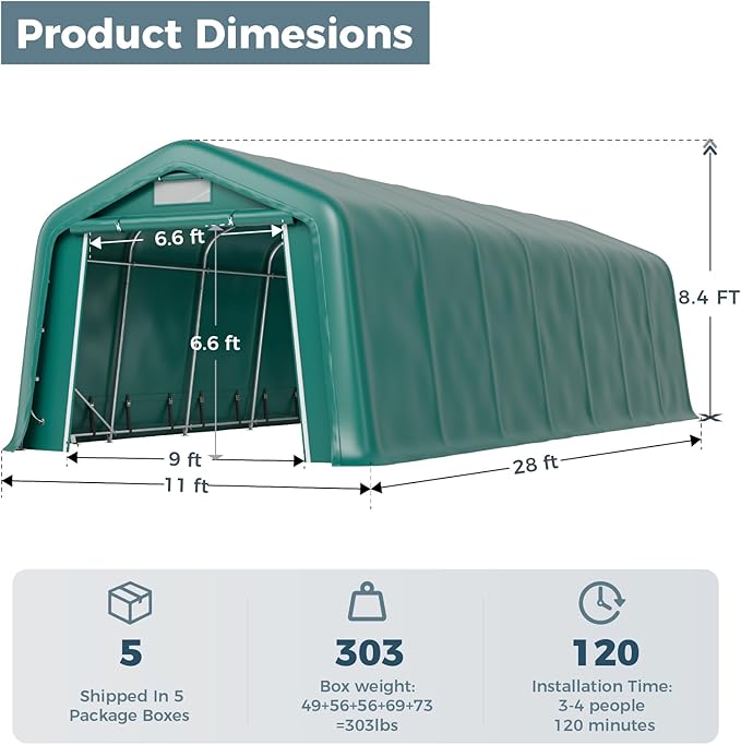 GREEN PARTY 11' x 28' Heavy Duty Carport, Portable Storage Shelter Shed Outdoor Carport with Roll-up Zipper Door & Vents, Storage Car Canopy Car Tent Garage for SUV, Truck and Boat, 200g PE Cover
