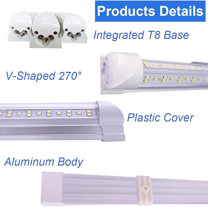 8Ft Led Shop Lights,8 Feet 8' V Shape Integrated LED Tube Light,144W 18000lm Fluorescent Clear Cover Linkable Surface Mount Lamp,Replace T8 T10 T12 Fluorescent Light Cooler Door Freezer Fixture