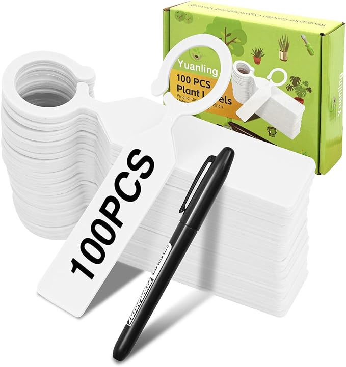 Plant Labels Yuanling 100Pcs Plastic Waterproof Plant Tree Tags Nursery Garden Markers for Indoor Outdoor Gardening Plants Vegetables Flowers Potted (White Color with 1 Marker Pen)