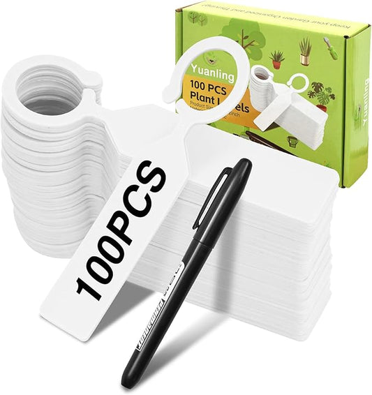 Plant Labels Yuanling 100Pcs Plastic Waterproof Plant Tree Tags Nursery Garden Markers for Indoor Outdoor Gardening Plants Vegetables Flowers Potted (White Color with 1 Marker Pen)