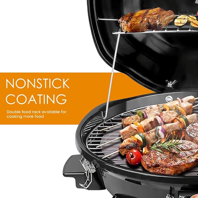 Electric BBQ Grill Techwood 15-Serving Outdoor Electric Grill for Party, Patio & Backyard, Double Layer Design, Portable Removable Stand Grill, 1600W (Countertop Black BBQ Grill)