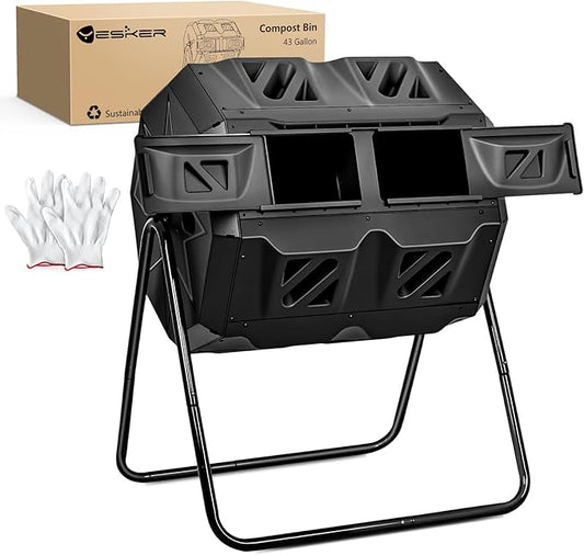 Yesker Dual Chamber Compost Bin Outdoor, 43 Gallon Rotating Tumbling Composter with Sliding Doors, Fast Assembly for Garden, Backyard & Kitchen Waste