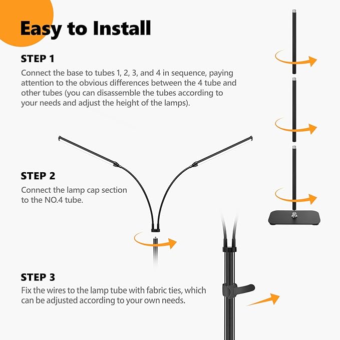 Plant Grow Light Dual Head, 40W Indoor Growing Lights,144LEDs Full Spectrum Wide Illumination Area, 63IN Adjustable Height Stand, 10 Dimmable, 3/9/12H Auto Timer, Floor Lamp for Plants Growth