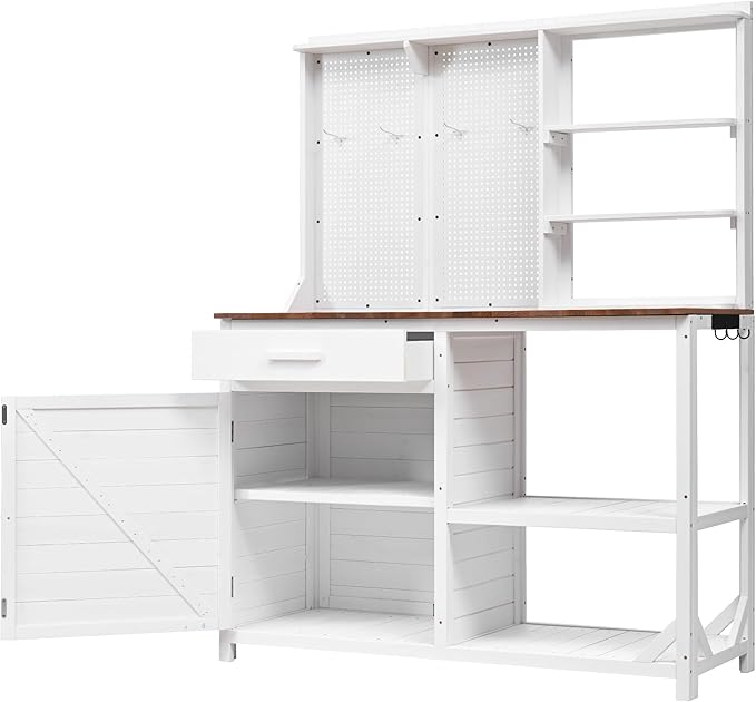 Fir Wood Potting Bench with Hutch - Outdoor Garden Workstation with 4 Shelves, Drawer & Adjustable Storage, 50.2" Countertop, & Pegboard (White + Wood + Rustic)