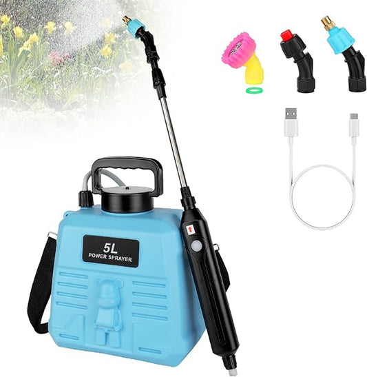 Battery Powered Sprayer 1.35 Gallon, Electric Garden Sprayer with 3 Mist Nozzles,Retractable Wand, Adjustable Strap for Lawn, Garden, Yard (Blue)