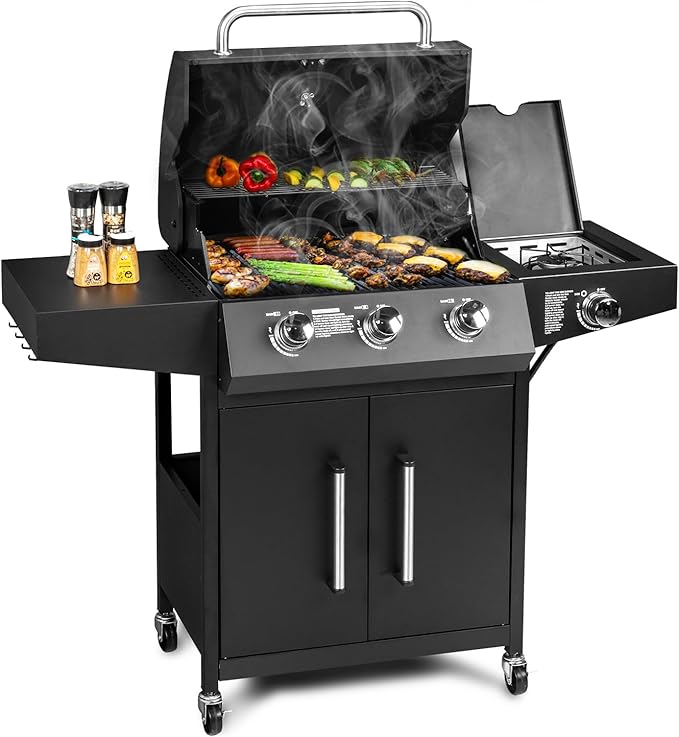 Bonnlo 3 Burner Propane Grills with Side Burner and Porcelain-Enameled Grates, 46000BTU Gas Grill with Side Shelf and Portable Rolling Wheels, Grill for Outdoor Cooking BBQ Patio Backyard