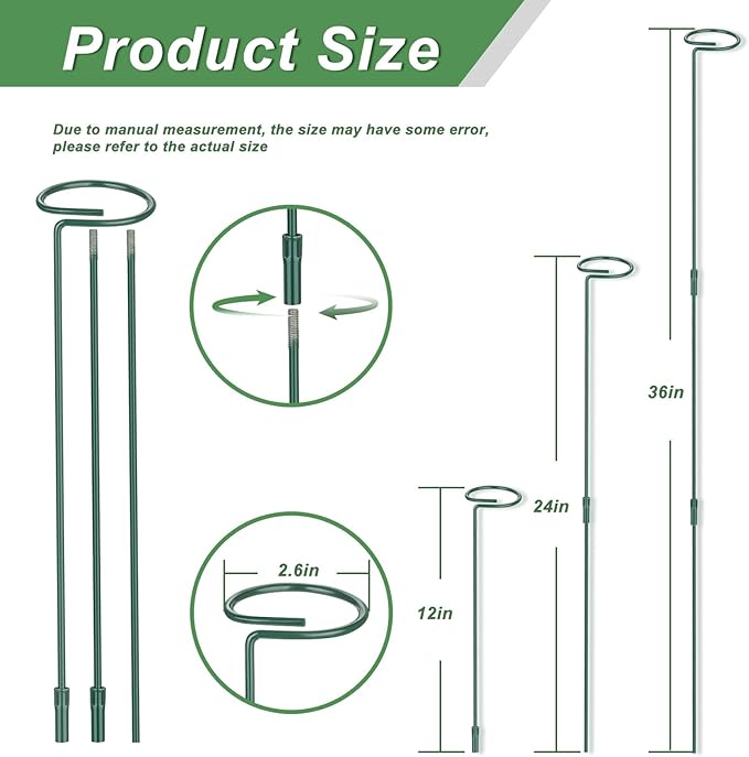 6 Pack (DIY) Plant Support Stakes, Three Sizes (12 or 24 or 36 inch) Plant Support Rings for Outdoor or Indoor, Garden Plant Stakes for Flowers Vegetable Roses Daffodils Tomatoes
