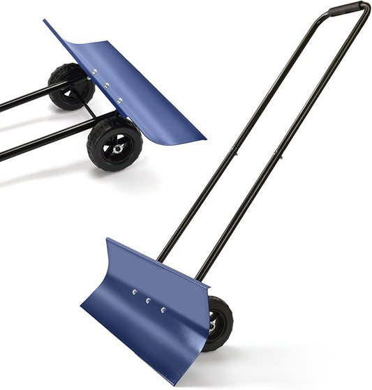 Heavy-Duty Snow Pusher Shovel,Snow Plow with Wheels,Angled Blade&Ergonomic Handle,Back-Saving Design for Efficient clearing for Drives & Paths(Blue)
