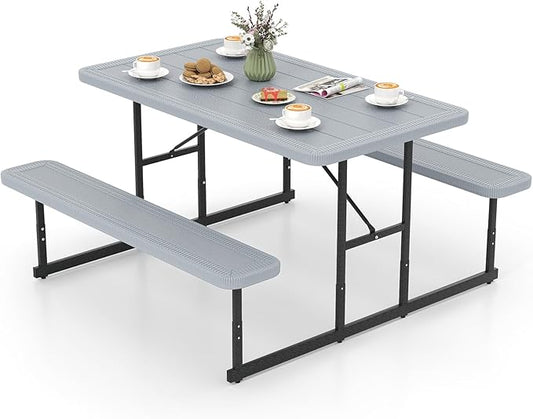 Tangkula Picnic Table, HDPE Outdoor Rectangular Table Bench Set with 2 Built-in Benches, Umbrella Hole, Metal Frame for 4 Person, Garden Yard Patio Lawn