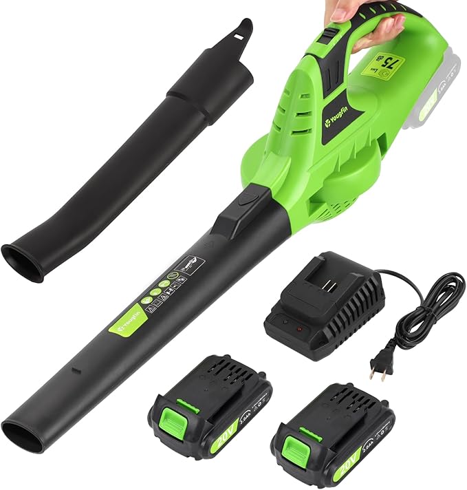 Yougfin Cordless Leaf Blower, 20V Electric Leaf Blower with 2 Batteries and Charger, 2 Speed Mode Lightweight Blowers for Lawn Care and Yard, Garden, Patio Cleaning