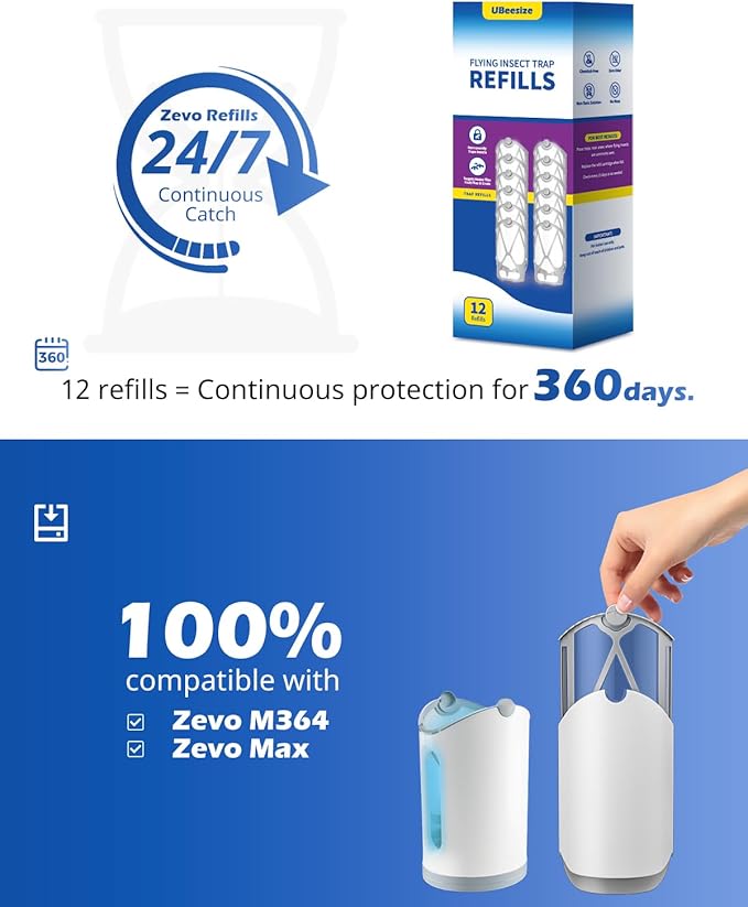 UBeesize 12 Pack Refill Cartridge for Zevo M364 and Max, Replacement Refill Compatible with Zevo Plug-in Light, 100% Fit (12 Cartridges)